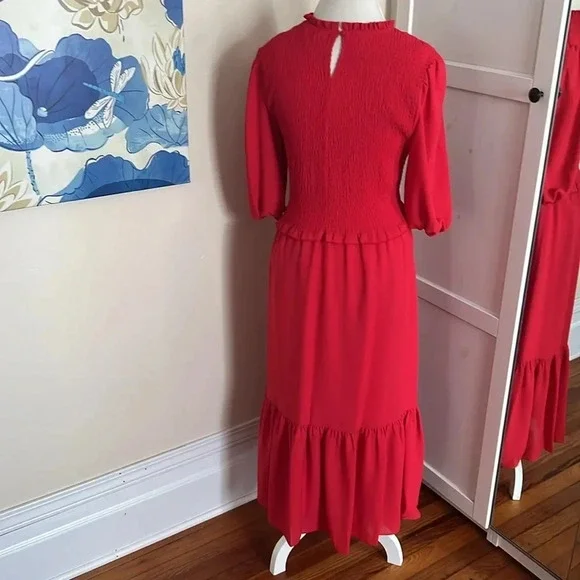 Nanette Lepore Smocked Midi Dress with Tiered Skirt and Ruffle Detail - Size 12 - Picture 7 of 13